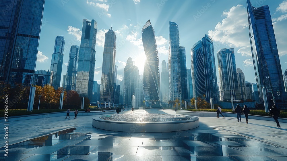 Poster Sunny day, the center of the big city of the future with super architecture and skyscrapers come to a square with a unique object. Generative AI.