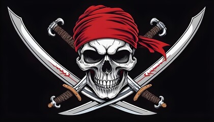 Pirate symbol with skull, red bandana  and crossed swords on black background, fantasy, steampunk, vintagem horror, adventure, caribbean