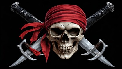 Naklejka premium Pirate symbol with skull, red bandana and crossed swords on black background, fantasy, steampunk, vintagem horror, adventure, caribbean