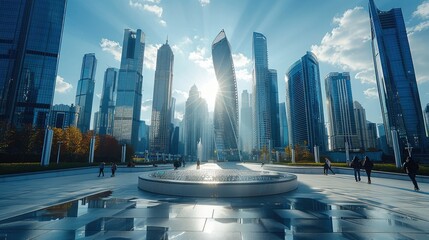 Sunny day, the center of the big city of the future with super architecture and skyscrapers come to...