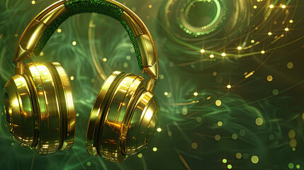 gold headphones from bliss emerald, in the style of rendered in unreal engine, futuristic realism