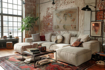 Modern Scandinavian Beige Retro style loft interior and living room Biophilic Design.