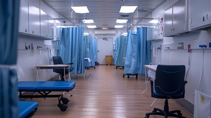 Empty Hospital Ward with Beds and Privacy Curtains. Empty hospital ward equipped with patient beds and privacy curtains, depicting a quiet moment in healthcare.
