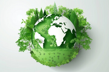 green planet Abstract background with blue sky, clouds and globe. Global environmental protection concept with globe on grass. 3D rendering.