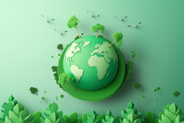 green planet Abstract background with blue sky, clouds and globe. Global environmental protection concept with globe on grass. 3D rendering.