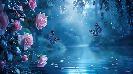 Magical fantasy enchanted fairy tale landscape with forest lake, amazing fairy tale blooming pink rose garden flowers and two butterflies on mysterious blue background and shining moonlight at night  