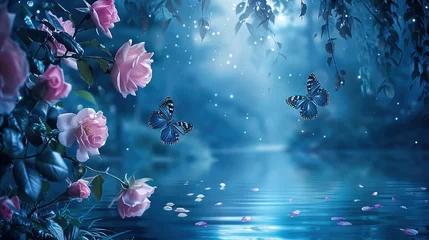 Fototapeten Magical fantasy enchanted fairy tale landscape with forest lake, amazing fairy tale blooming pink rose garden flowers and two butterflies on mysterious blue background and shining moonlight at night   © curek