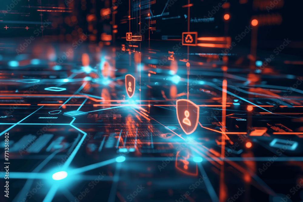 Poster with data protection and antivirus biometric verification and facial recognition web security concep