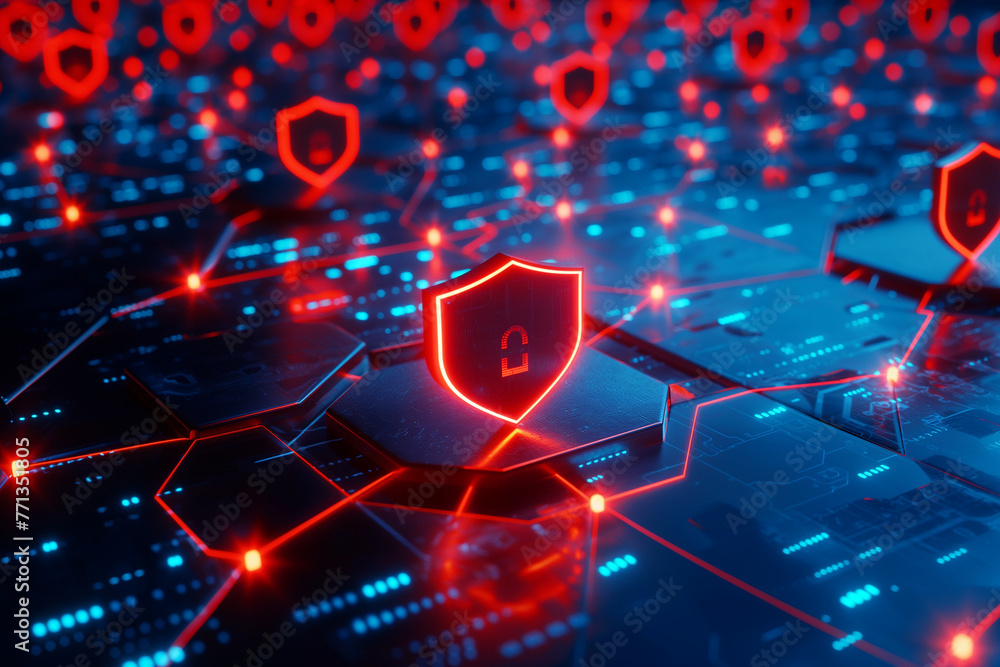 Poster with data protection and antivirus biometric verification and facial recognition web security concep