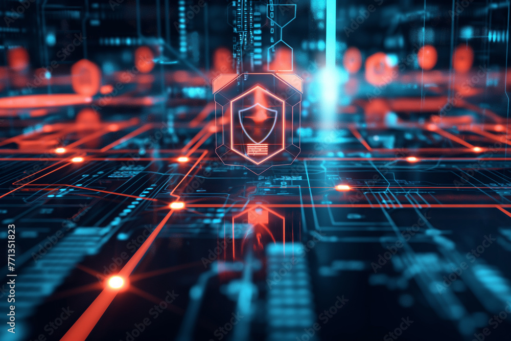 Poster with data protection and antivirus biometric verification and facial recognition web security concep