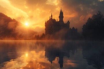 : Majestic castle in mist, overlooking tranquil lake, vibrant sunset. - obrazy, fototapety, plakaty