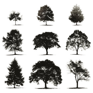 Collection of tree silhouettes isolated on transparent background