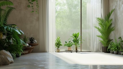 Bright yoga corner radiating with sunlight and surrounded by tropical houseplants.