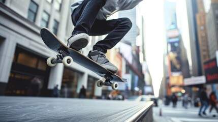 Skateboarder performing an ollie in a bustling city setting with motion blur effect.