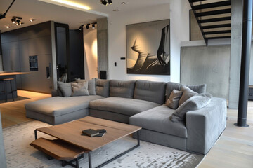 Fototapeta na wymiar Modern Scandinavian Gray Modern style loft interior and living room Emotional Architecture.