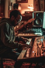 Musician intently playing a keyboard in a cozy home studio filled with instruments and recording equipment.