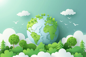 green planet Abstract background with blue sky, clouds and globe. Global environmental protection concept with globe on grass. 3D rendering.