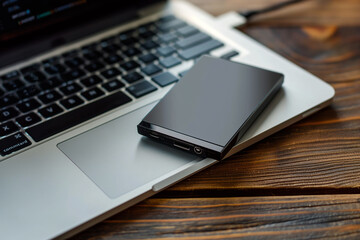 View on laptop PC and hard disk drive in home office environment in living room, home office concept