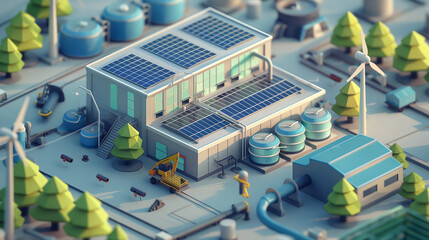 Isometric sustainable renewable factory with solar panels on the roof Clean energy concept. climate change prevention Vector illustration - obrazy, fototapety, plakaty