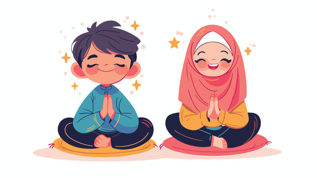 Happy muslim boy and girl cartoon flat vector
