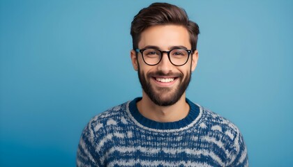 portrait of Young handsome man with beard wearing casual sweater and glasses over blue background happy face smiling looking at the camera. Positive person. - Powered by Adobe