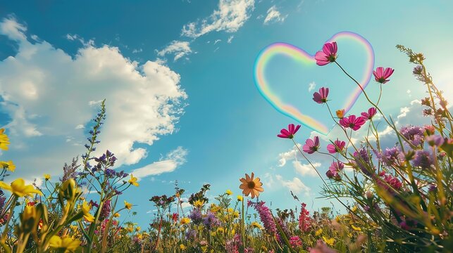 Mountain wild flowers blue sky and white clouds in heart shape wild field rainbow on blue sky sunset summer nature landscape  ,Generative ai, 