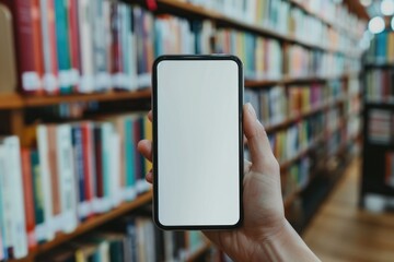 A hand holding a smartphone with a white mockup screen at a library