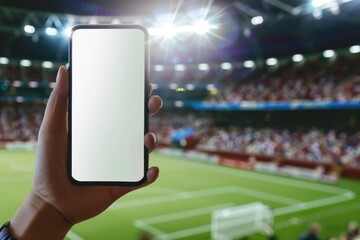 A hand holding a smartphone with a white mockup screen at a sports stadium