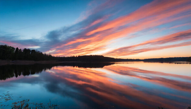 A vibrant sunset paints the sky over a serene lake