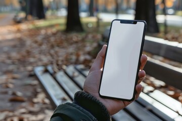 A hand holding a smartphone with a white mockup screen on a park bench - obrazy, fototapety, plakaty