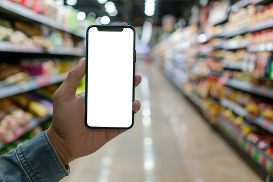 A hand holding a smartphone with a white mockup screen in a grocery store