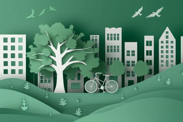 Green city reflection design concept vector, concept of going green and saving the planet with buildings and nature paper art style.