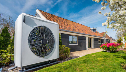 air source heat pump unit installed outdoors at home in the Netherlands, warmte pomp, translation air source heat pump, airco for warming and cooling, outside a modern home at Spring with flowers - obrazy, fototapety, plakaty
