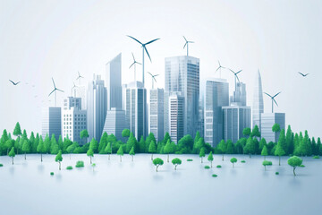 Fototapeta premium Green city reflection design concept vector, concept of going green and saving the planet with buildings and nature paper art style.