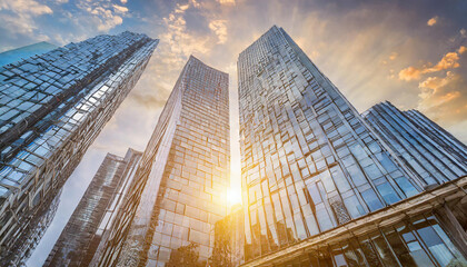 Bottom view of modern skyscrapers in business district in evening light at sunset with lens flare...