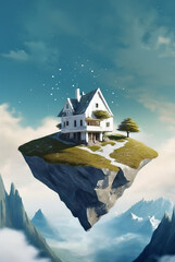 house on a rock flying in the air with fantastic landscape and copy space above