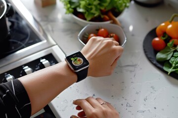 A person's wrist featuring a smartwatch with a white mockup screen while cooking in the kitchen