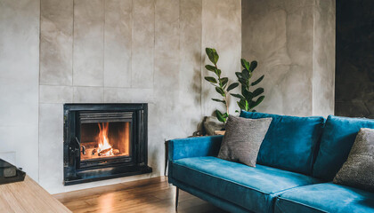 Minimalist interior design of modern living room, home. Blue sofa near fireplace against concrete wall with copy space.
