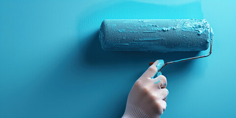 hand painter with painting roller paints wall blue paint close up - Powered by Adobe
