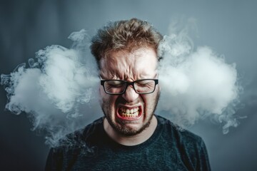 A very Angry man with red face and steam jets emerging from his ears Isolated on solid white background - obrazy, fototapety, plakaty
