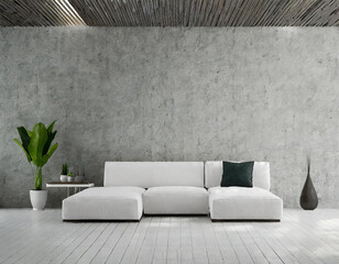 The modern minimal living room idea design and empty concrete wall background and white wooden floor. 3d rendering.