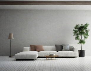 The modern minimal living room idea design and empty concrete wall background and white wooden floor. 3d rendering.