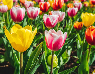 Vibrant spring-themed background featuring a variety of colorful tulips. Panorama