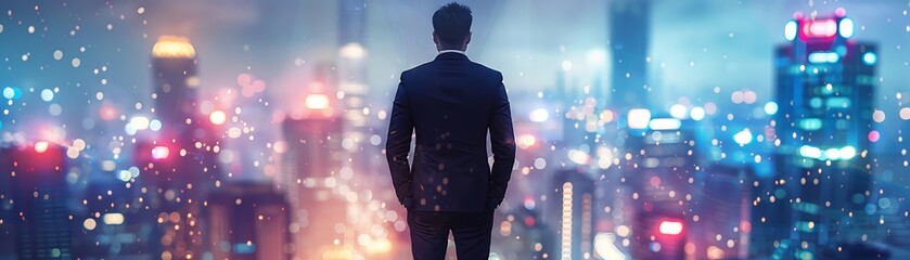 A businessman in a tailored suit, standing confidently in front of a glowing city skyline , blender render, no contrast, clean sharp focus