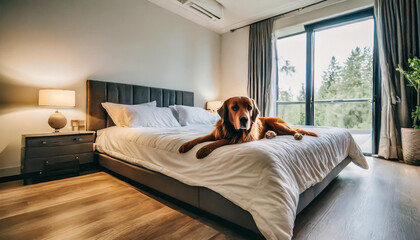 A spacious, bright bedroom with a king-sized bed is adorned with a large brown dog peacefully laying on top of the soft bedding.