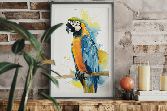 Vector background with a realistic Ara parrot sitting on a branch. Stylish living room with vintage jar, gold mockup picture frame.