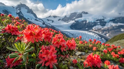 rhododendron with glacier in the background ,Generative ai,  - obrazy, fototapety, plakaty