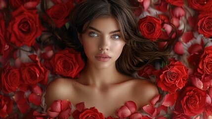 A beautiful girl is dressed in red and surrounded by red roses. Generative AI.