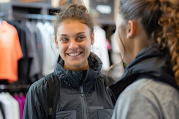 A young department store clerk smiles at a customer at a clothing store