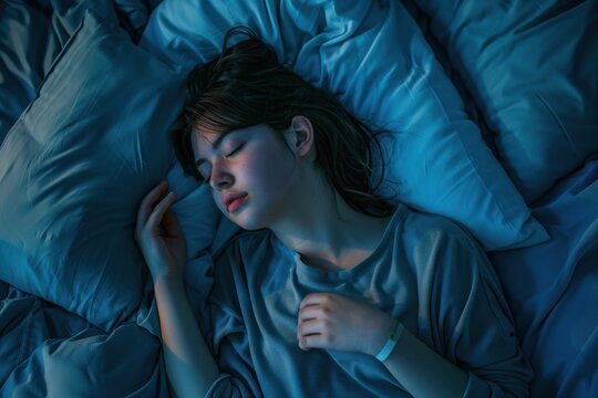 Above view of young woman sleeping in bed at night